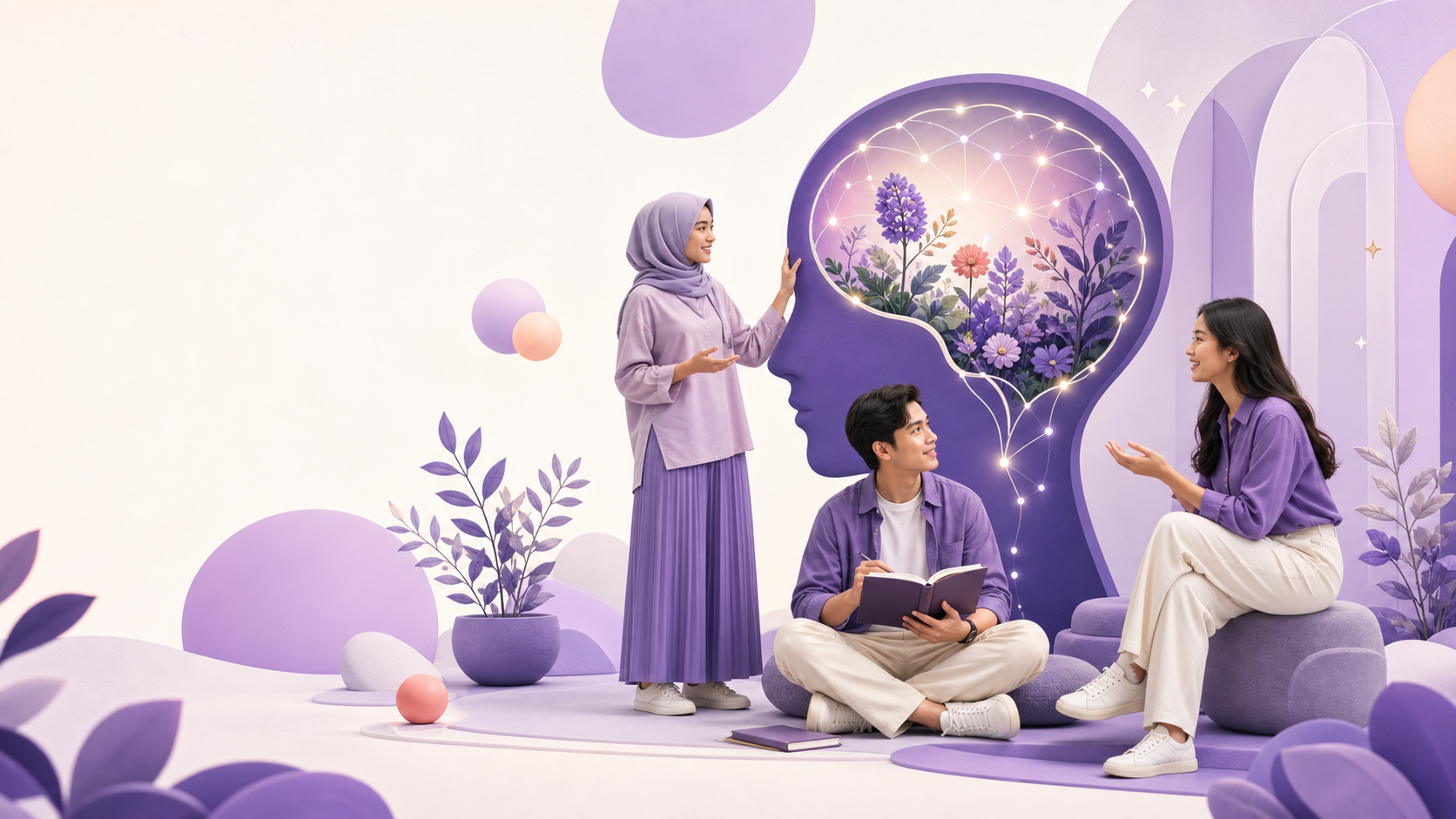 Ilustrasi mahasiswa belajar dan saling mendukung dalam menjaga kesehatan mental